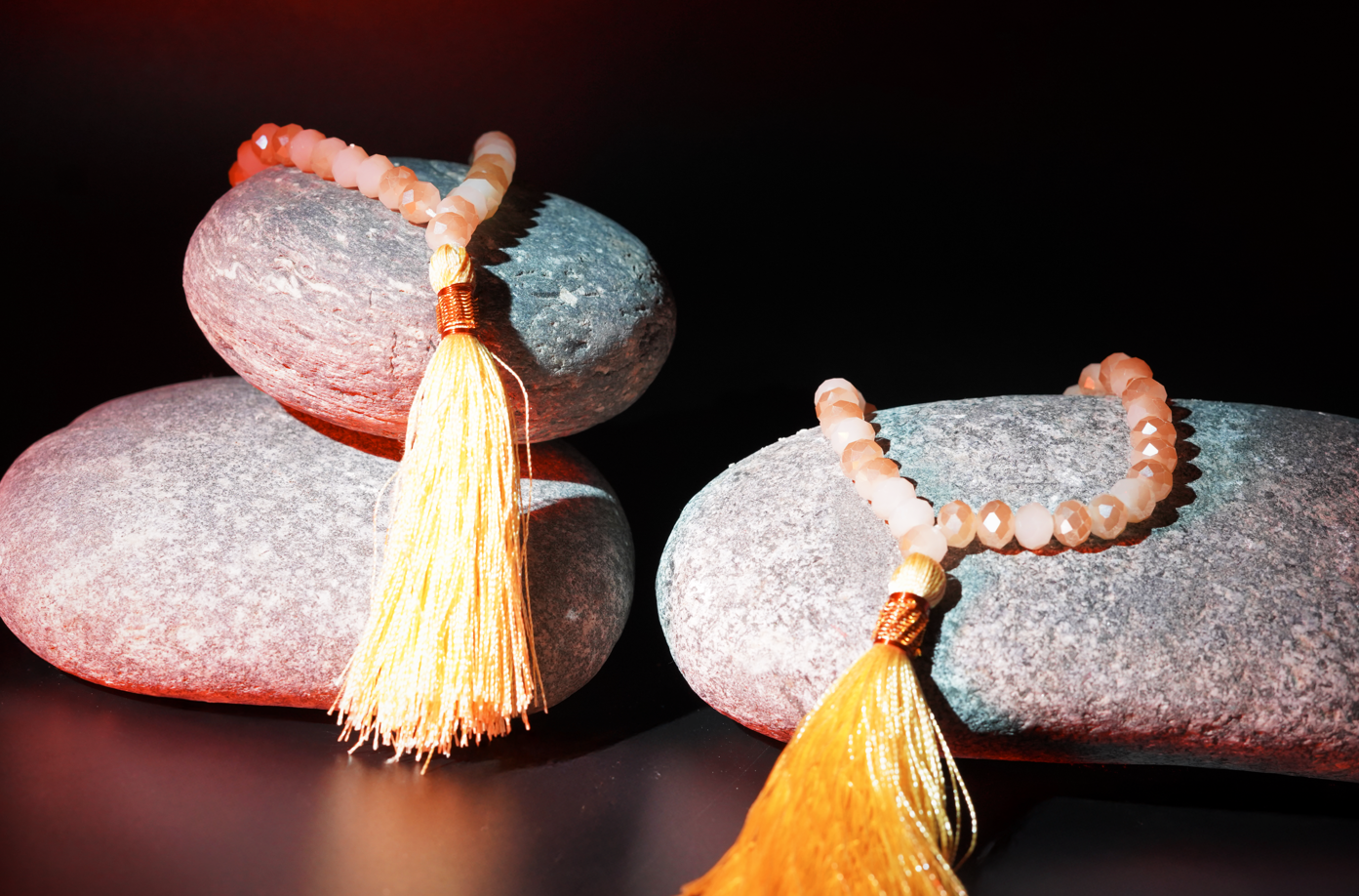 Close-up of faceted beads and gold tassel