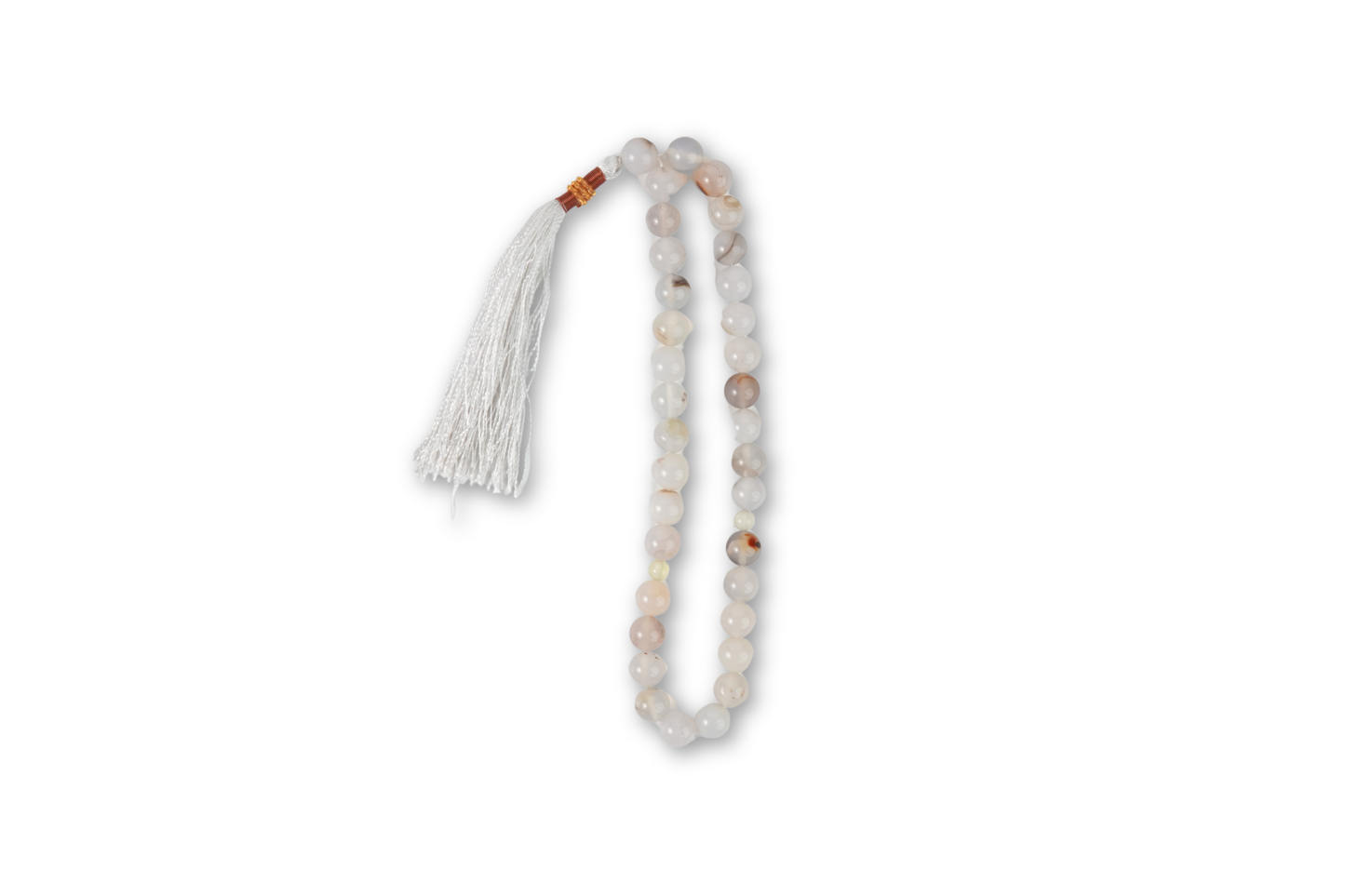 33-bead pearl-sand agate tasbih (8 mm) with white tassel on white background