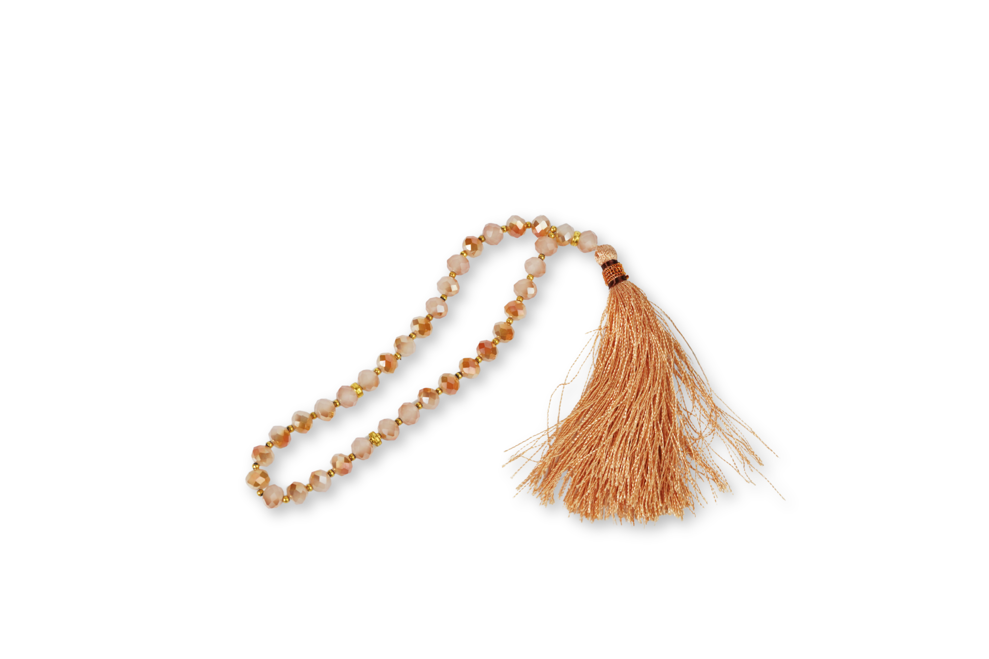 33-bead amber resin tasbih (6 mm) with gold tassel on white background