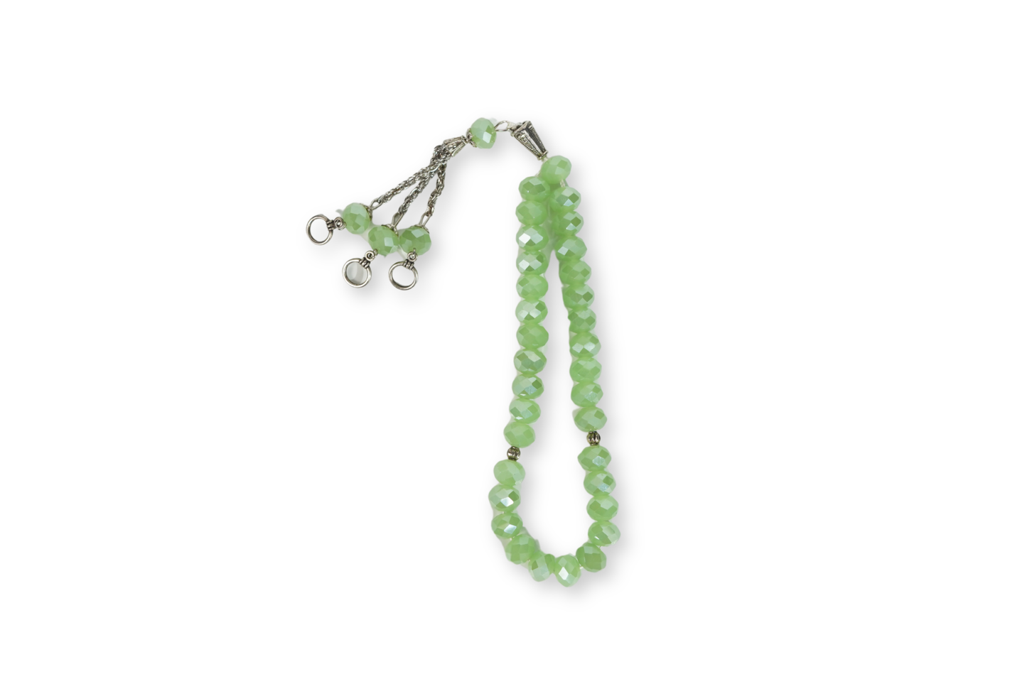 33-bead mint-green resin tasbih (6 mm) on white background