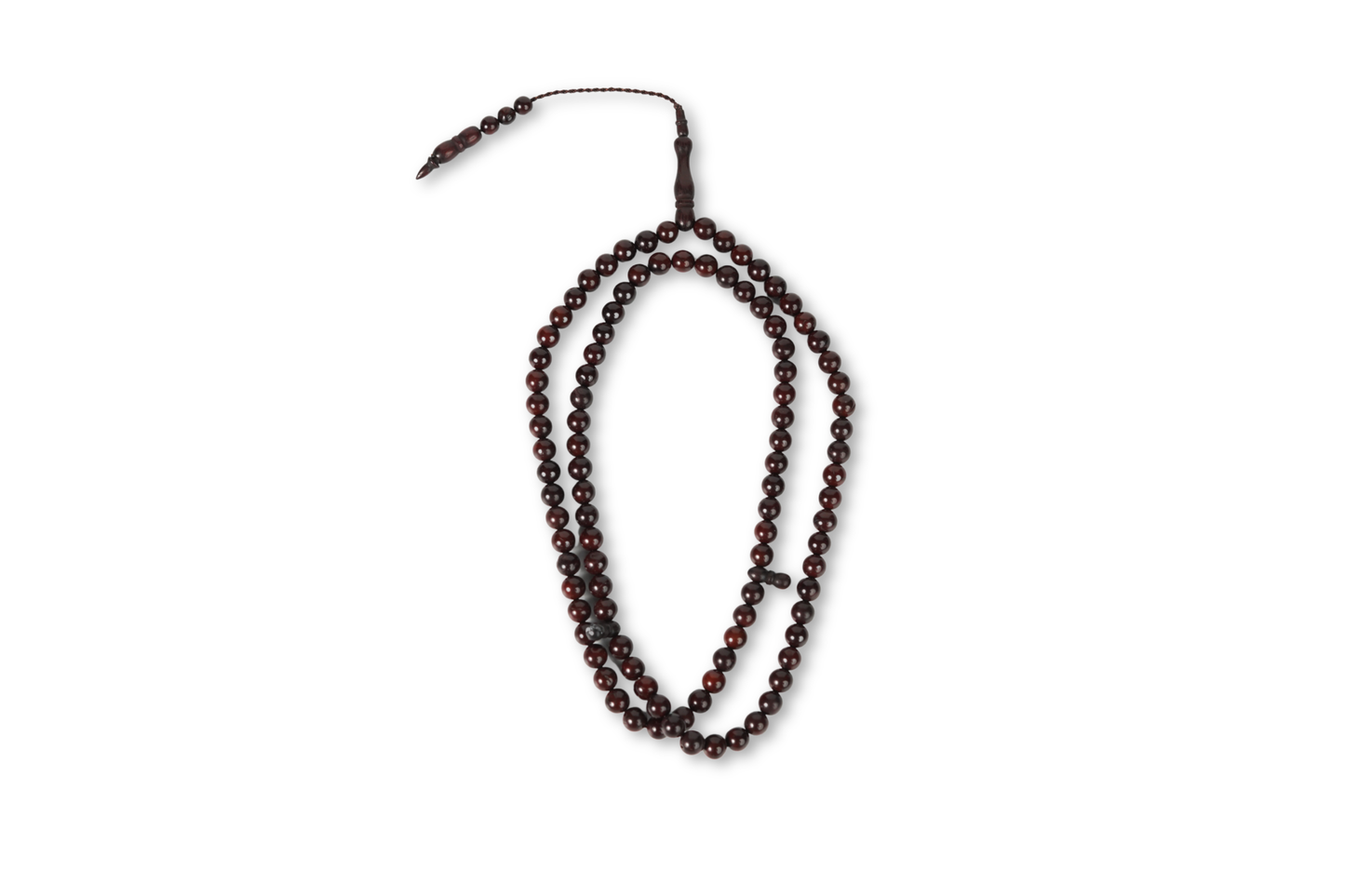 Cocoa-tone wooden tasbih, 99 beads, full strand on white background