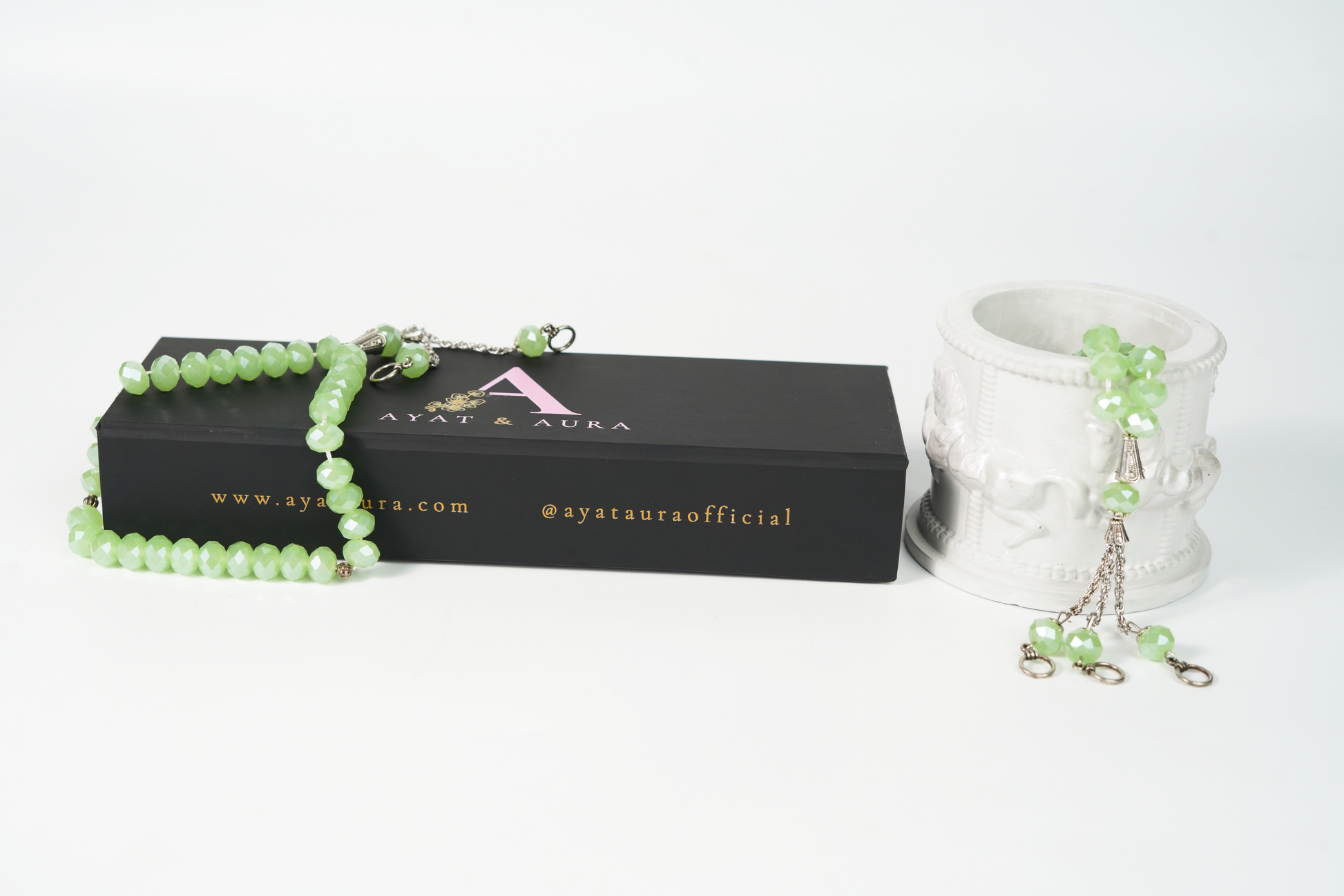 Close-up of faceted beads and chain tassel