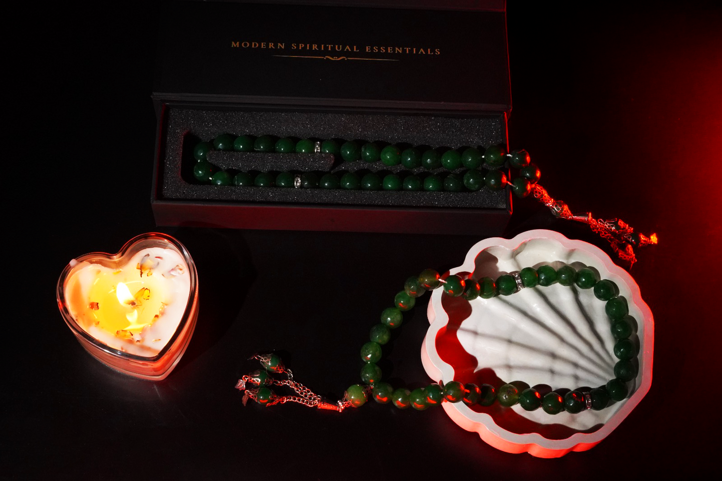 Agate green Tasbih on a white shell with heart shaped candle and branded gift-ready box.