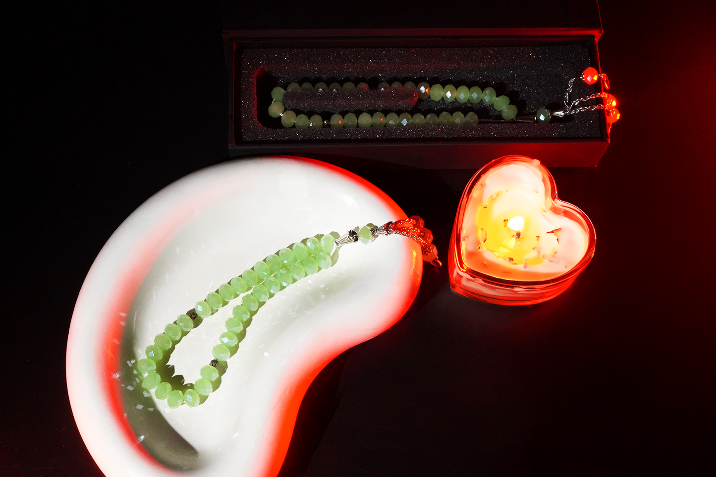 Resin prayer beads styled with warm light