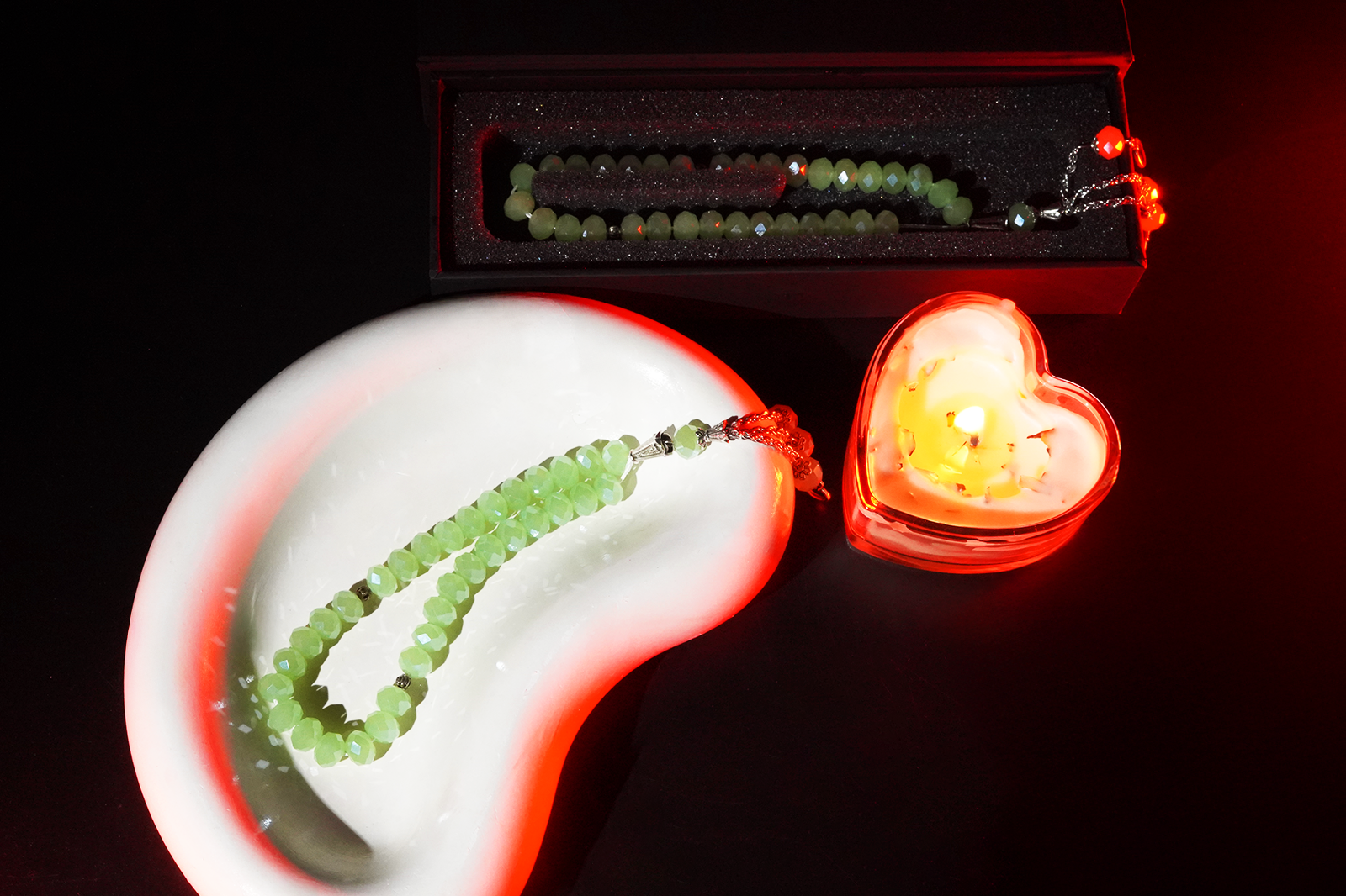 Resin prayer beads styled with warm light