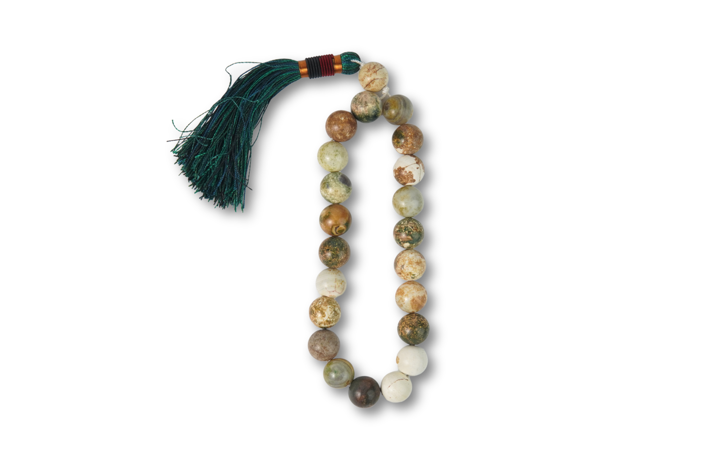 23-bead desert-moss agate tasbih (7 mm) on white background