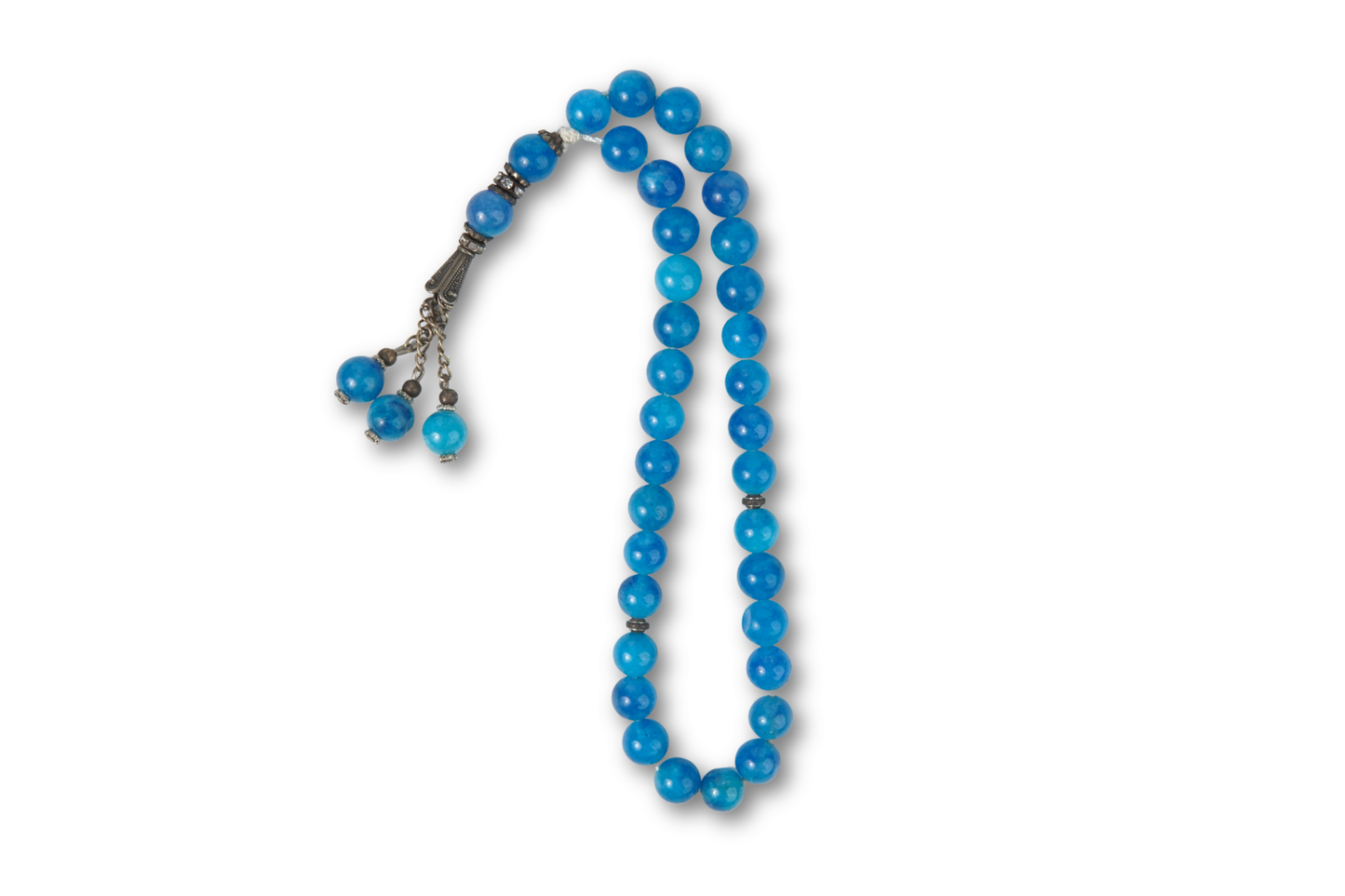 33-bead blue agate tasbih (6 mm) on white background