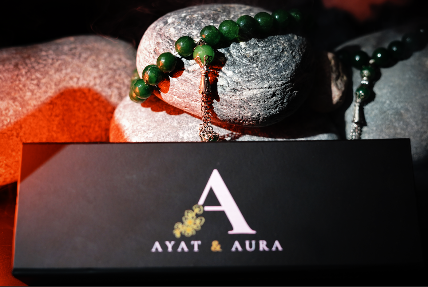 Agate green Tasbih on stone with Ayat & Aura gift ready premium magnetic box